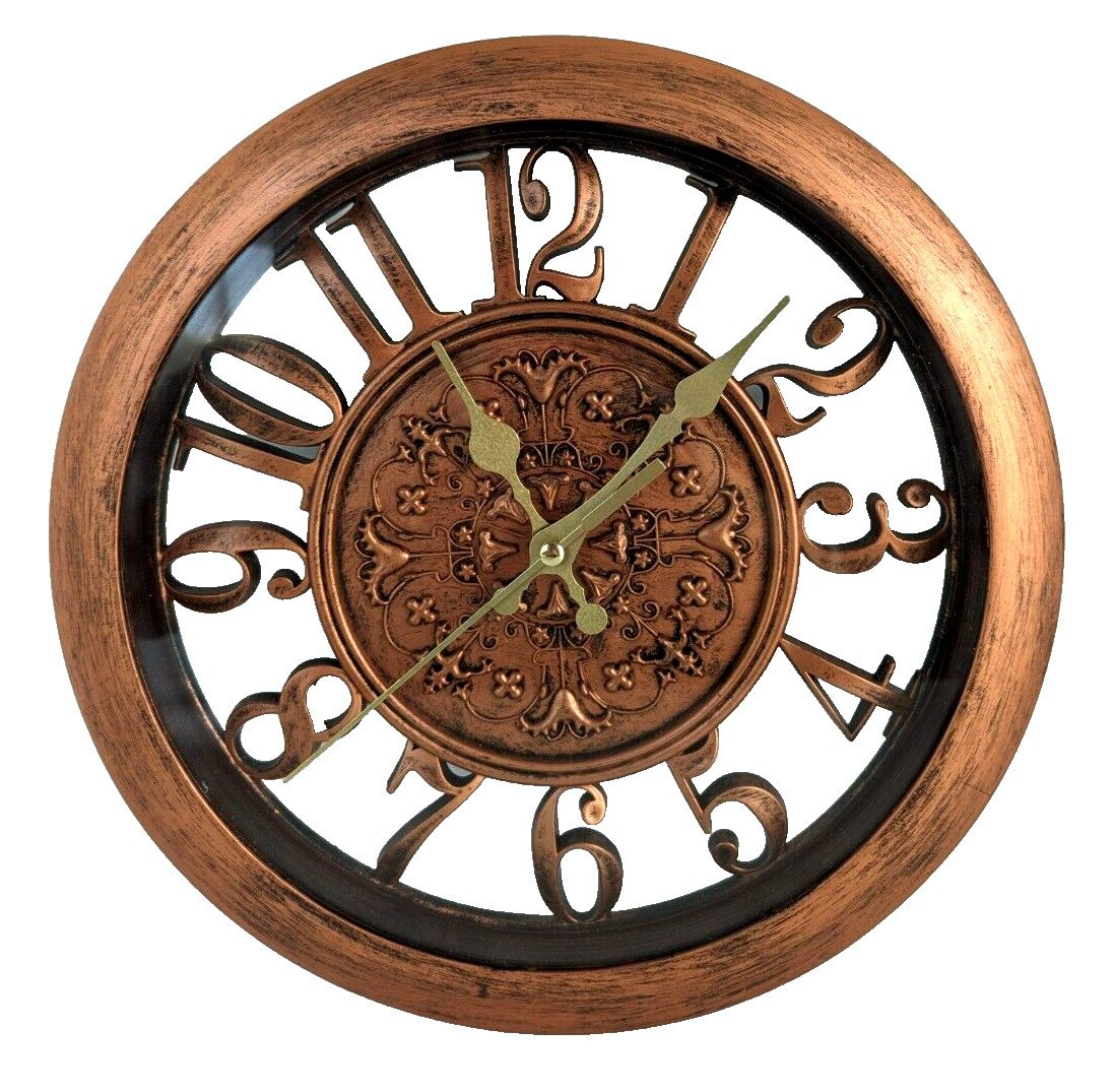 Wall Round Clock Brass Tone 11inx1.5in Home Decor Retro Style Quartz Non Ticking