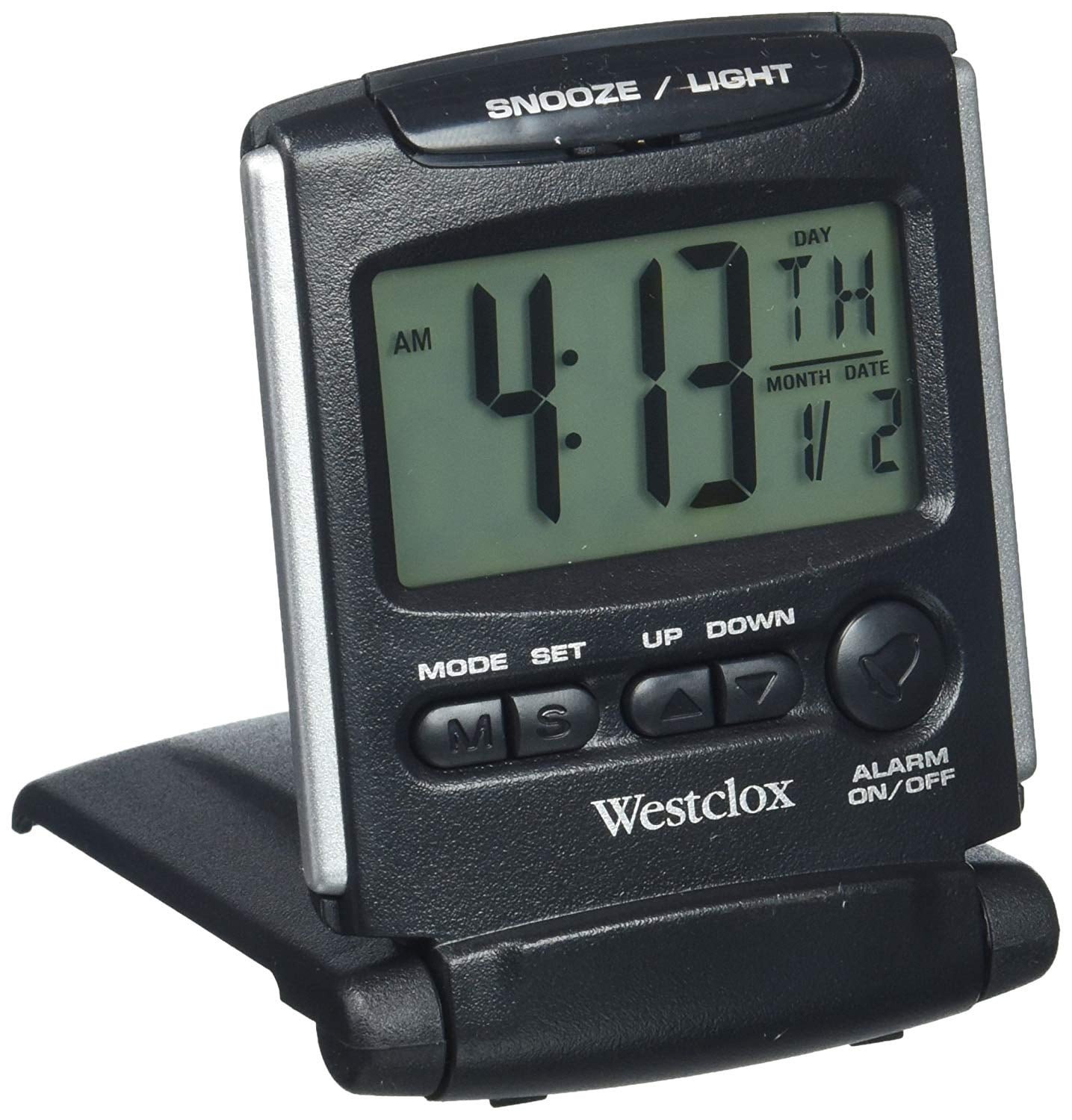 Westclox Foldable Digital Travel Alarm Clock, Black & Silver Large LCD Display