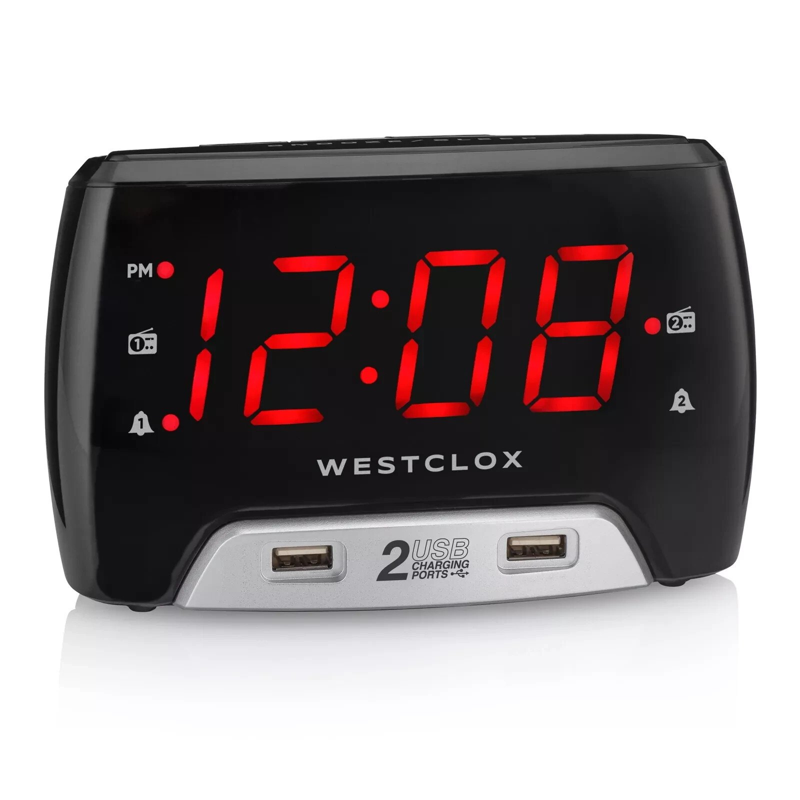 Westclox Large 1.4” Red LED Digital FM Clock Radio 2 USB Port with Fast Charge