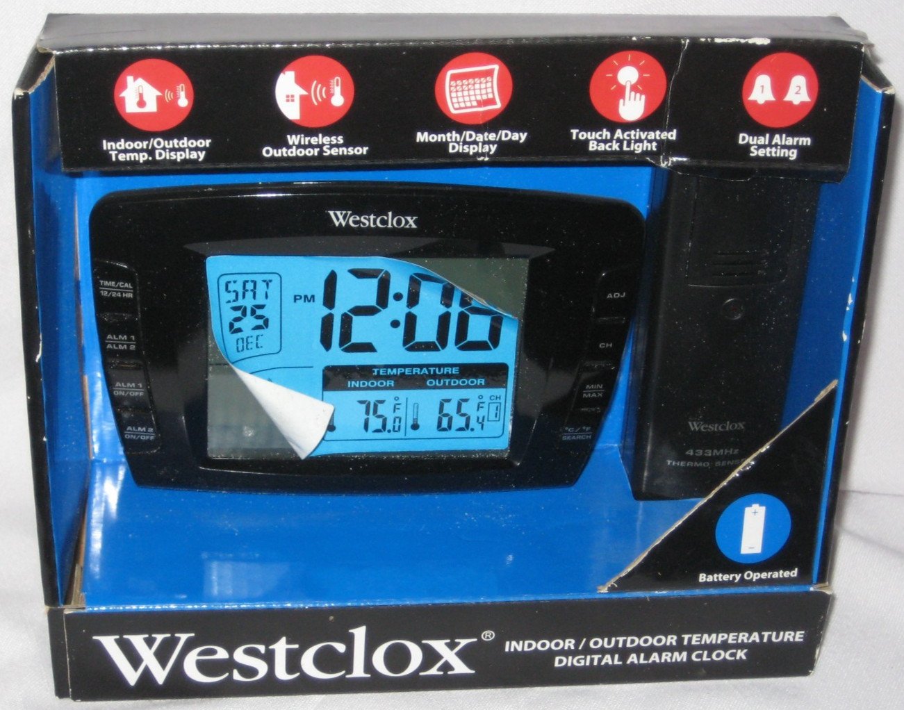 Westclox Wireless Indoor/Outdoor Temperature Digital Alarm Clock - Black - New