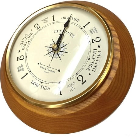 West & Company Solid Oak Tide Clock with Convex Glass Lens and Stained Finish, 8 Nautical Beach Décor