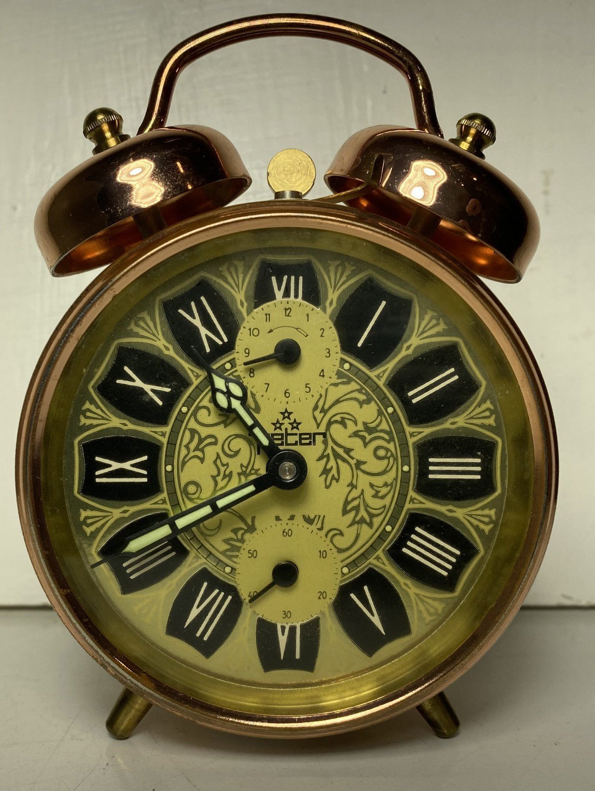 Wind Up Copper Color Roman Numeral Alarm Clock Double Bell German Mechanical