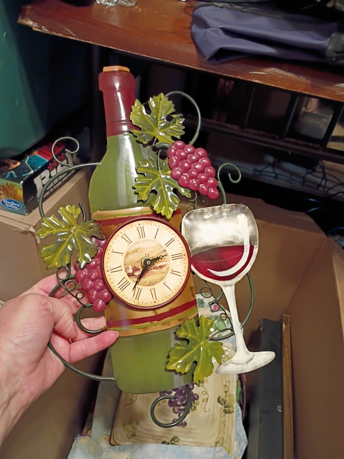 Wine Bottle Wall Clock with Grapes and Glass Design