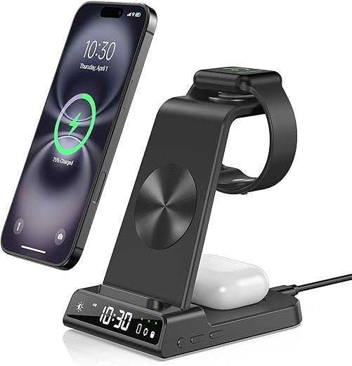 Wireless Charger for Apple Charging Station, 3 in 1 Charging Station with Clock for iPhone 16/15/14/13/12 Series, Watch Charger Stand for iWatch 10/9/8/AirPods (Adapter Included)