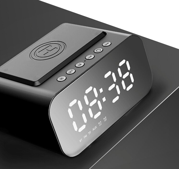 Wireless Charging Alarm Clock Radio & Bluetooth Speaker, USB Port, LED Display