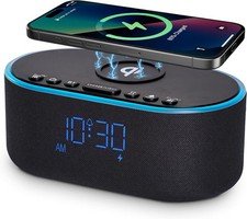 Wireless Charging Alarm Clock Radio: Qi Certified Fast Black - Blue Digits