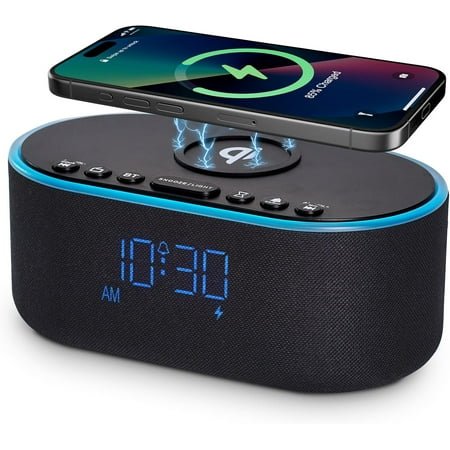 Bedside Alarm Clock with Wireless Charging, 10W Fast Charger for iPhone Samsung, Bluetooth Speaker, FM Radio, Dimmable Display, Nightlight, Black