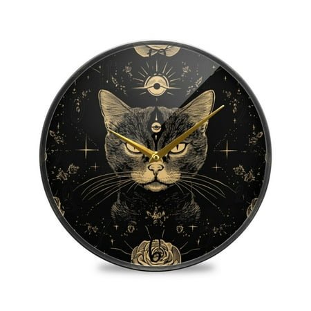 WOBOGO Cat with Third Eye Rose Pattern Acrylic Wall Clock Battery Operated 11.9in Silent No Tick Bedroom Living Room Office Classroom Decoration