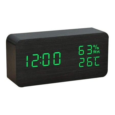 Wood Digital Alarm Clock Desk Time, Date Day of The Week, Temperature, Nightlight Large LED Display Portable Lamp Bedroom, Office, School, Home, Livingroom, Room,Black wood green fontRectangle