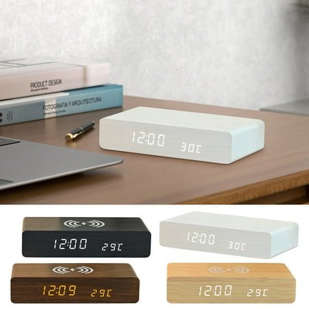 Wooden Alarm Clock Led Mirror Wireless Sleep Desk Clock for Office Home, Solid Wood Frame, Silent Wake-up, 7 Color Modes, for Study Desk, Aestivo Wood, Color