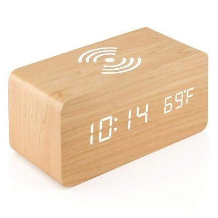 Wooden Digital Alarm Clock , Fast Wireless Charger Station , Sleep Timer, Wood LED Clock for Bedroom, Bedside, Desk,Bamboo color，G169931