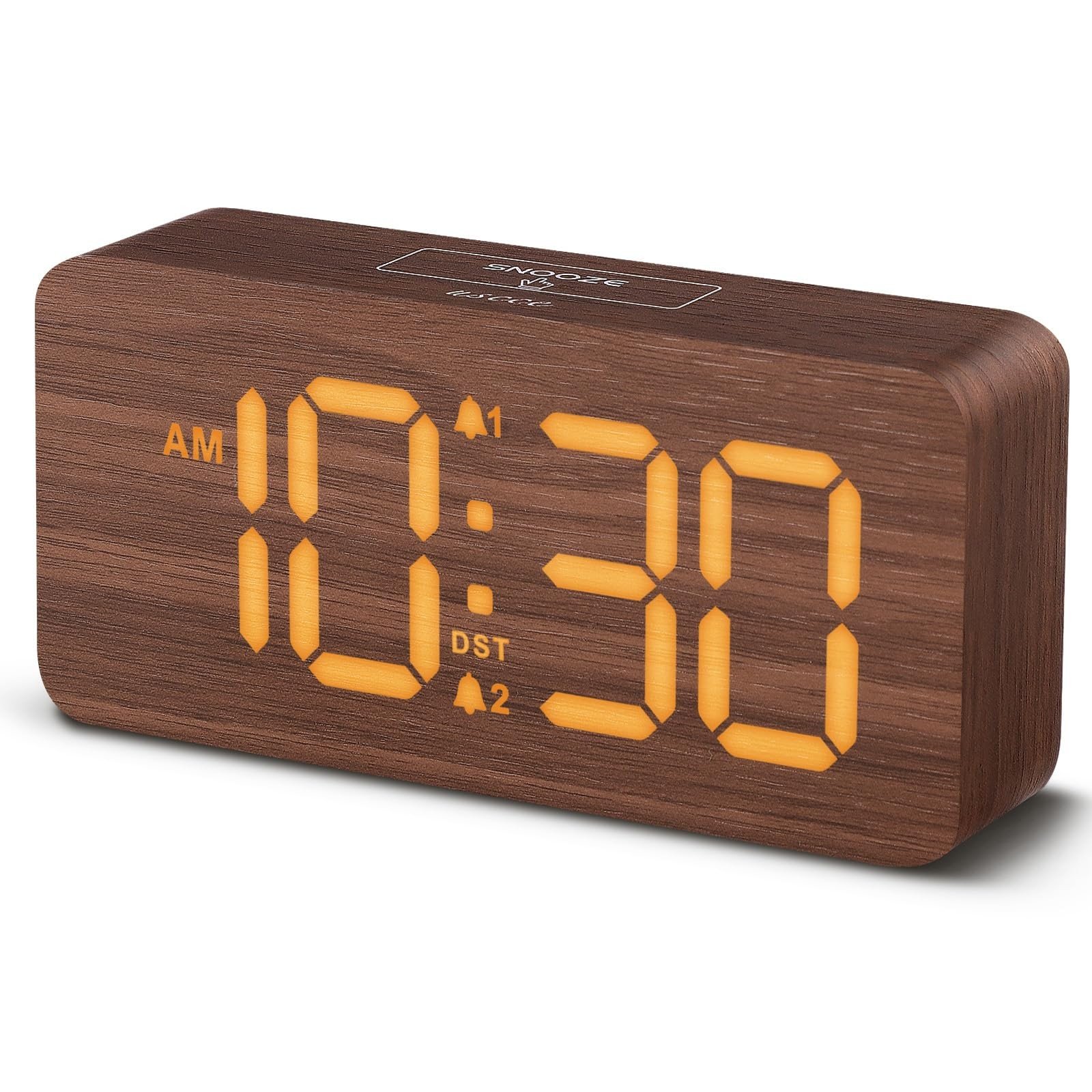 Wooden Digital Alarm Clocks for Bedrooms: Dimmable Dual Brown - Amber Digits