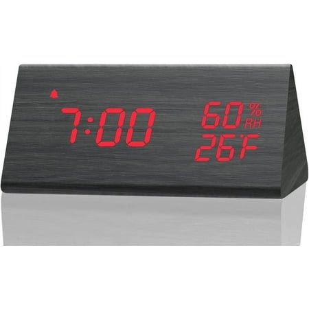 Wooden Digital Alarm Clock Triangle Electronic LED Time Display with Humidity & Temperature 3 Alarm Setting Adjustable Brightness Wood Made Voice Control Desk Clock for Bedroom Bedside Gift for Frien