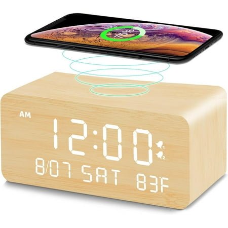 Wooden Digital Alarm Clock with Wireless Charging, 0-100% Adjustable Brightness Dimmer and Alarm Volume, Weekday/Weekend Mode, Dual Alarm, Snooze, 12/24H, Wood LED Clock for Bedroom (Brown)