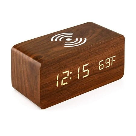 Wooden Digital Alarm Clock with Wireless Charging, LED Display, Sound Control and Snooze Dual for Bedroom, Bedside, Office,Palm wood,Palm wood，G36349