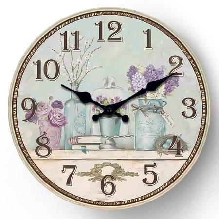 Wooden Wall Clock 14 Inch Purple Lavender Flower Vase Clock Country Silent Wall Clocks Decorative for Bathroom Kitchen Living Room Bedroom