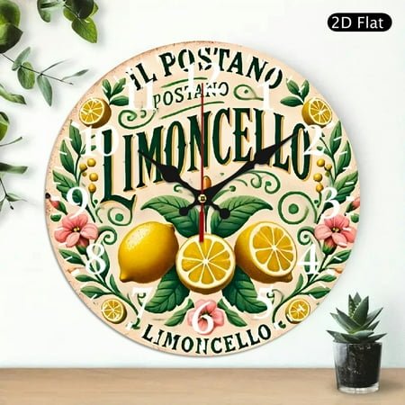 Wooden Wall Clock, [2D Flat] 1pc Italian Lemon Wine Label, Retro Metal, Round, 8X8-inch, Aluminum Painting, Perfect for Bedroom, Living Room, Family Dining Room, Bar, Coffee Shop, Garage Decoration, w