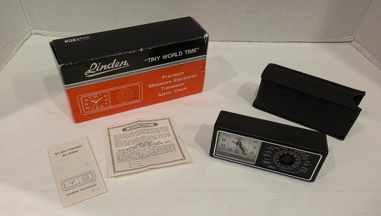 WORKS! Linden "Tiny World Time" Mini Electronic Alarm Clock BOX & CASE # 1904