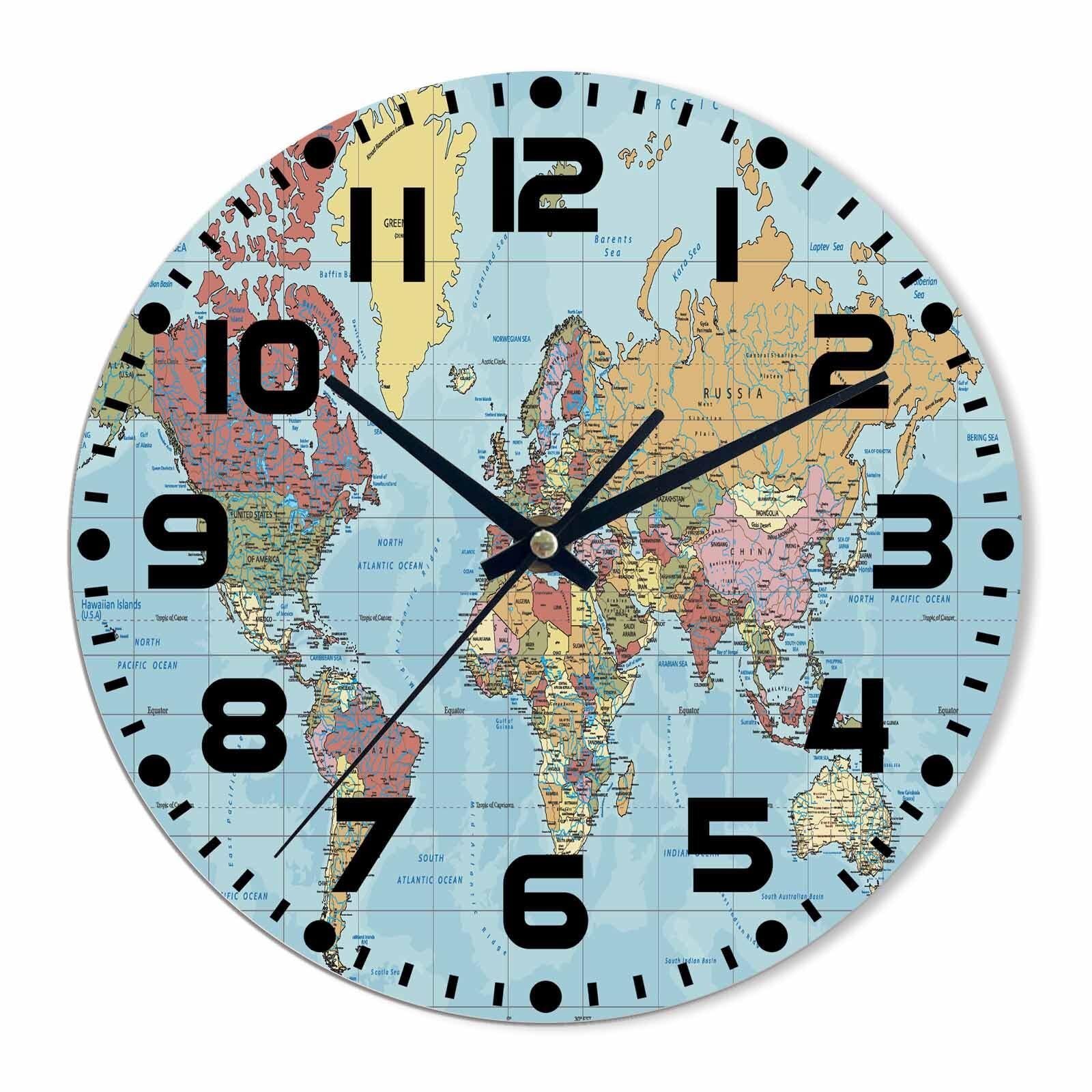 World Map Wall Clock Battery Operated Ocean Mainland Countries Partial Map Wa...