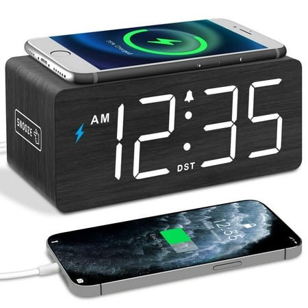 XIEZHID DreamSky Wooden Digital Alarm Clock with Wireless Charging for Bedroom, Bedside Nightstand Clock with Charger Station, USB Port, Large Numbers, Adjustable Volume, Brightness Dimmer, DST