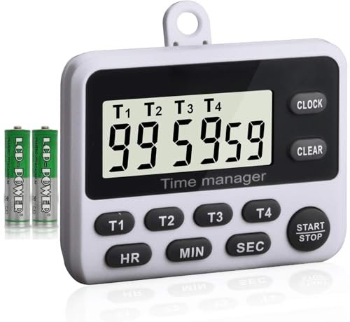 XREXS 4 Channels Digital Kitchen Timer Clock with Large LCD Display, 4 Groups Simultaneous Timing Countdown Up Magnetic Timer(Battery Included)