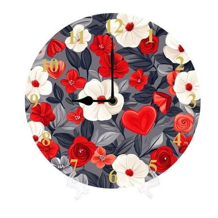 YJIANKANGZ Valentines Day Flower Pattern Wood Silent Wall Clock Battery Operated Round Clock Country Style Wall Clocks Easy to Read Classic Clock for Home Living Room Clock