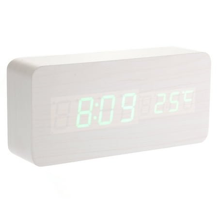 013-12 USB /AAA Powered Shaped Voice Control Green Light Digital LED Wooden Desk Alarm Clock with Date /Temperature (White)