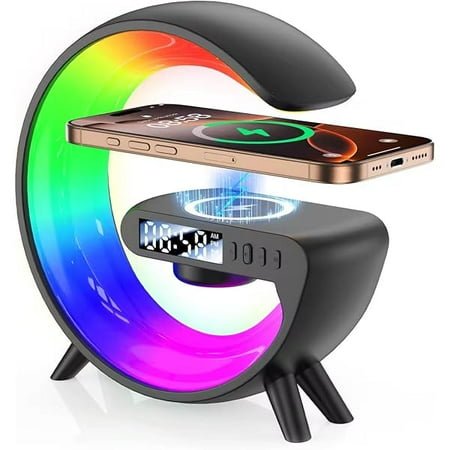 0829 Smart LED Table Lamp, Sunrise Alarm Clock with Wireless Charger Atmosphere Lamp 4-in-1 Speaker (Black)