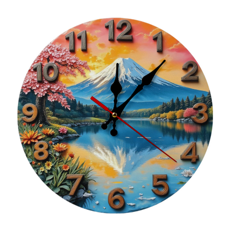 10-inch Silent Wooden Wall Clock - Japanese Mount Fuji Lake Landscape Art with Cherry Blossoms Autumn Foliage,for Living Room, Bedroom, Office Decor - Modern Home Gift AA Not Included)