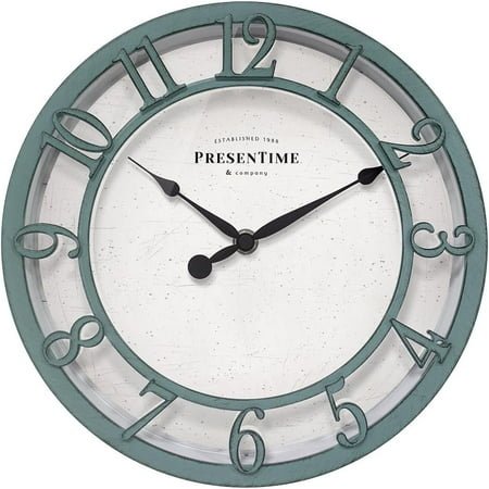 10 Farmhouse Series Wall Clock - Shiplap Style - Raised 3D Arabic Numeral - Aged Teal Finish - Silent No Ticking