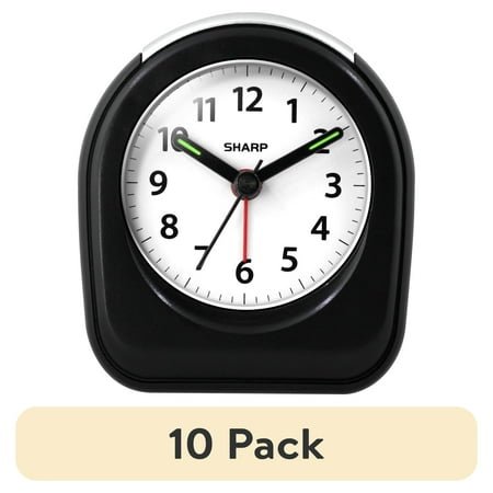 (10 pack) SHARP Quartz Analog Arch Alarm Clock, Black, Battery Operated, Small, Travel Clock