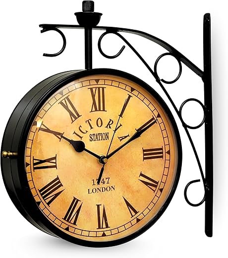 11-Inch Vintage Double-Sided Wall Clock – Classic Railway Station Style, 1747 London Roman Numeral Design, Retro Metal Frame for Indoor & Outdoor Home Décor