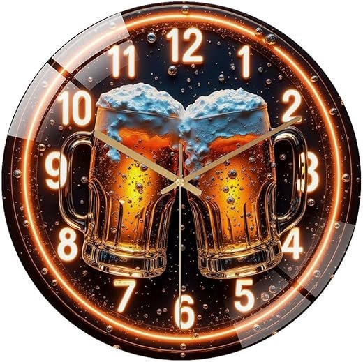 12-Inch Silent Glass Wall Clock, Cheers Neon Clock Beer Mug Toast ” Silent Non-Ticking Clock, Battery Operated (AA Batteries Not Included), Artistic Home Decor
