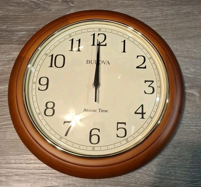 12.25" Diameter BULOVA Wooden Atomic Analog Wall Clock, Model #C5004