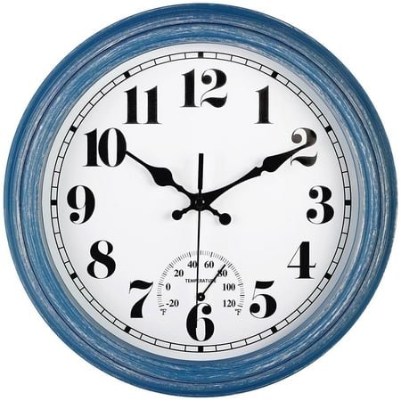 12 inch Retro Wall Clock,Indoor and Outdoor,Quartz,Analog,Waterproof,Thermometer,Blue