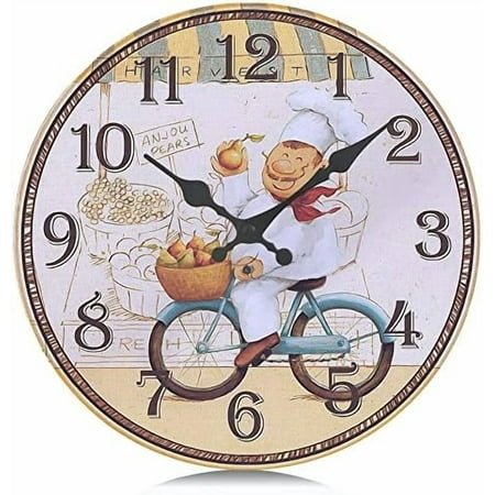 12 Inch Rustic Farmhouse Wooden Wall Clock Silent Non Ticking, Battery Operated Vintage Shabby Chic Chef Clocks for Kitchen Dinning Room Living Room