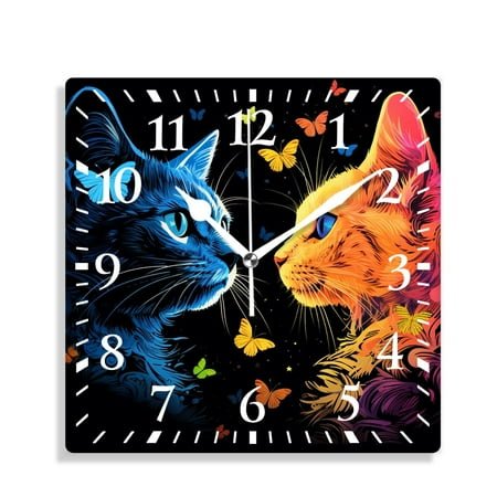 12 Inch Wall Clock Battery Operated Silent Clock Decorative for Office, Kitchen, Outdoor, Living Room，Colorful Cute Cat Butterfly Polka Dot Pattern