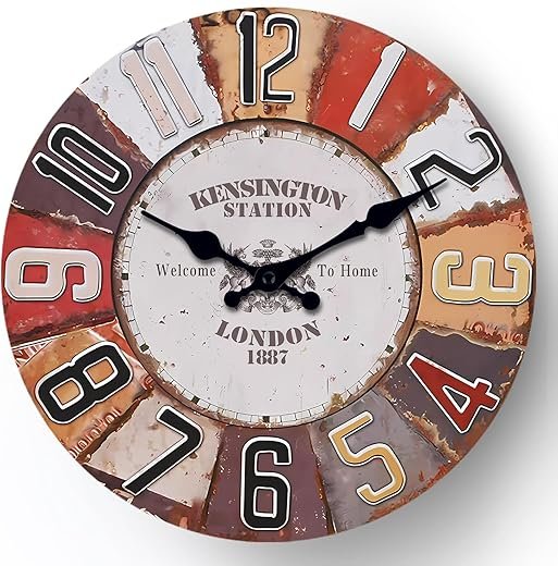 12 Inch Wall Clock Vintage Wall Clock, Kensington Station London Design, 1887 Welcome to Home Theme, Rustic Red and Brown