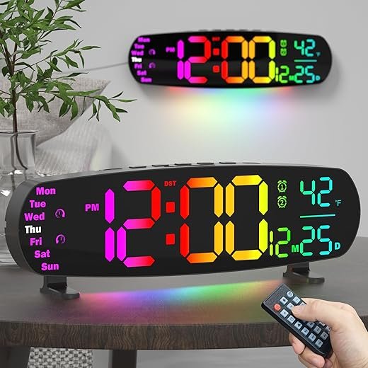 13.7" Digital Wall Clock Desk Clocks with Temperature, 11 RGB Colors, Night Lights, Alarms, Auto Dimming, Timer, DST, Remote Control, Digital Clock for Classroom Livingroom Gym Gaming, Gift for Senior