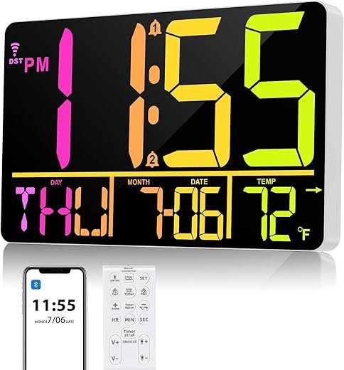 13 Bluetooth Auto Sync Wall Clock- Large Digital Alarm Clock with Remote, RGB Color Changing, 25 Ringtones, Adjustable Brightness, Auto DST, for Living Room, Kitchen, Office, Elderly