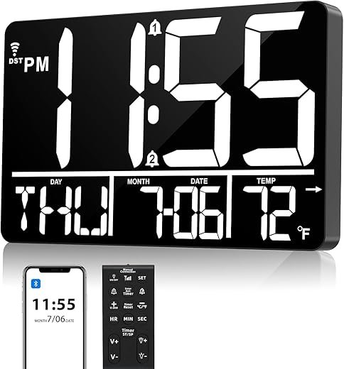 13 Bluetooth Auto Sync Wall Clock - Large Digital Alarm Clock with Remote, 25 Ringtones, Dual Alarm, Adjustable Brightness, 12/24H, Auto DST, for Living Room, Kitchen, Office, Elderly