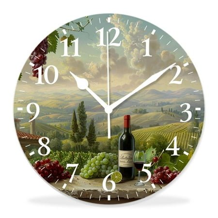 14 Inch Wall Clock Battery Operated Silent Clock Decorative for Office, Kitchen, Outdoor, Living Room，Wine Italy Landscape Rural Vineyard Beautiful