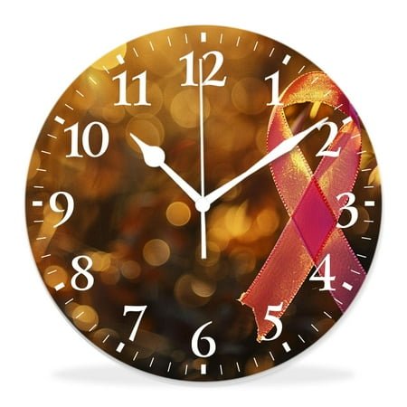 14 Inch Wall Clock Battery Operated Silent Clock Decorative for Office, Kitchen, Outdoor, Living Room，Beautiful Breast Cancer Ribbon Banner Shiny Luxury Adorable