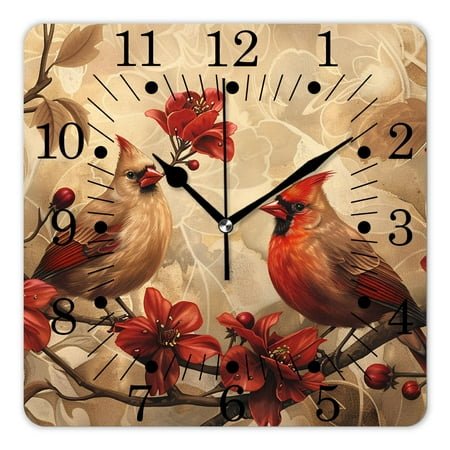 14 Inch Wall Clock Battery Operated Square Clock for Office, Kitchen, Outdoor, Living Room,Two Cardinals Pretty