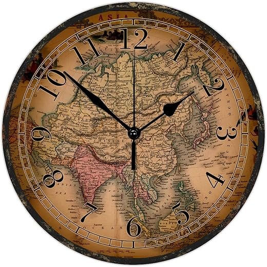 15 Inch Wooden Wall Clock Lightweight Lightweight Vintage Style Old World Map Round Wood Clock Old Fashioned Distressed Style Wall Clock Decorative for School Kitchen Farmhouse Accurate Clock