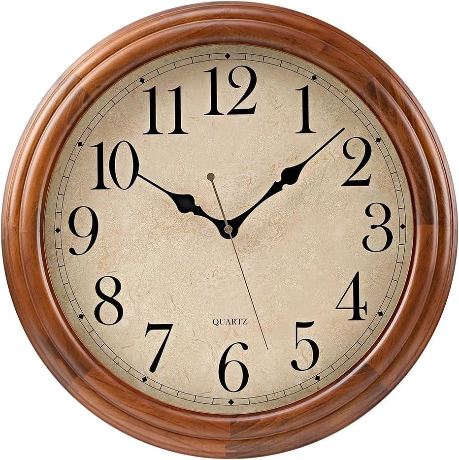 16 Inches Wooden Wall Clock with Retro Design, Large Round Wood Wall Clock with Big Arabic Numerals, Battery Operated Silent Non-Ticking Brown Clock for Living Room, Kitchen, Bedroom.