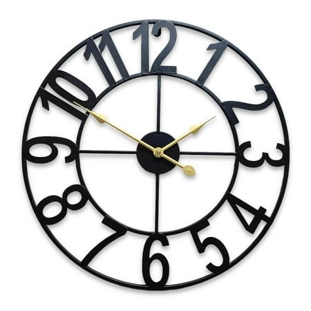 16 Inch Large Metal Wall Clock, Farmhouse Oversized Silent Black Iron Wall Clock with Arabic Numerals, Vintage Industrial Design for Indoor Outdoor Garden Patio Pool Yard Home Decoration