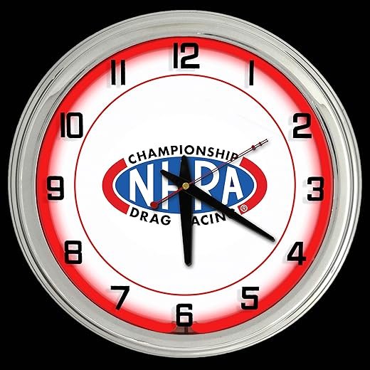 16" NHRA Drag Racing Red Neon Clock Chrome Finish