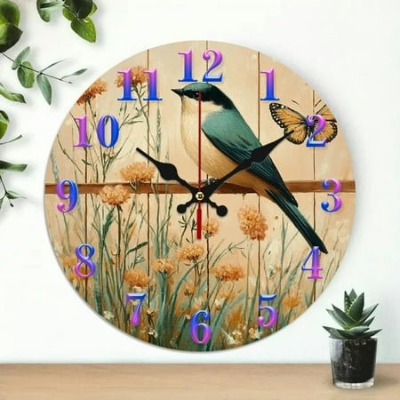 1 pc bird butterfly flowers Theme Round Clock, 10 inch Wood Wall Clock Great for Living Room, Kitchen, Dorm Decoration and Daily Practical Gift