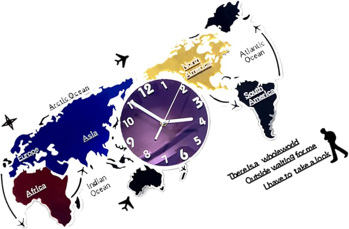 1set Colorful Acrylic Wall Clock World Map Design Decorative Silent Clock for Living Home Decor Kitchen Office Wall Art Decoration